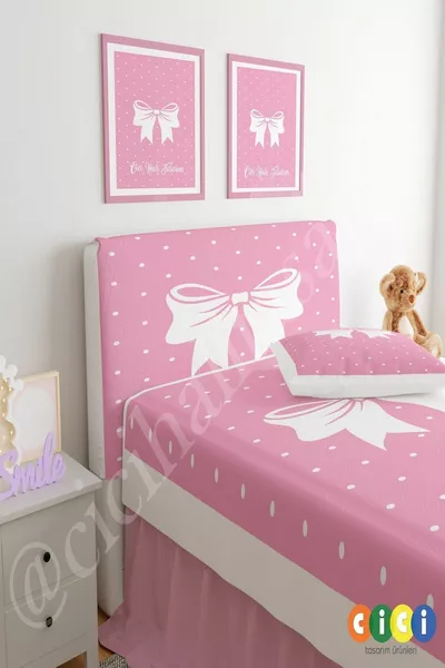 Baza Başlık Kılıfı Pembe Zemin Beyaz Puantiyeli Kurdale