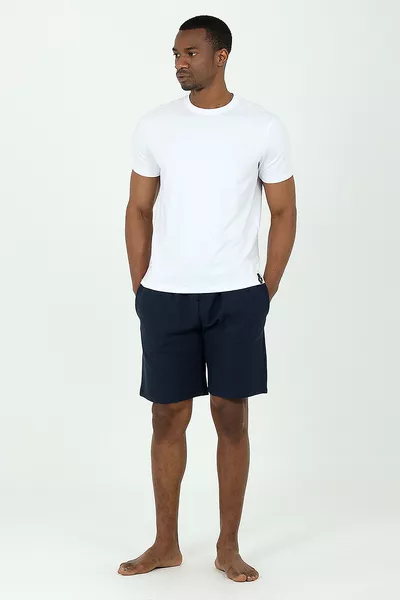 طقم قميص تي شيرت وشورت من قماش وافل باللون الأزرق الداكن