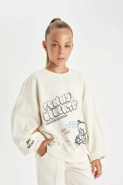 Mädchen Oversize Sweatshirt mit weitem Schnitt, Rundhalsausschnitt und Bärenprint AU