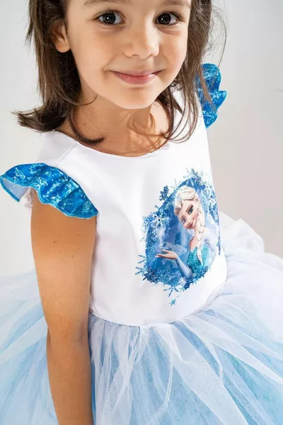 Princess Elsa Themed Girls' Birthday Dress & Party Costume with Crown, Wand & Hair Accessories
