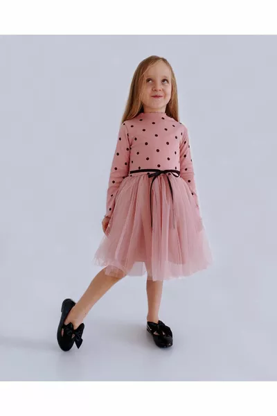 فستان ليندا للفتيات بأكمام طويلة، قصّة أميرة، منفوخ، منقط، مطاطي، ليكرا، باللون وردي باهت، بتول