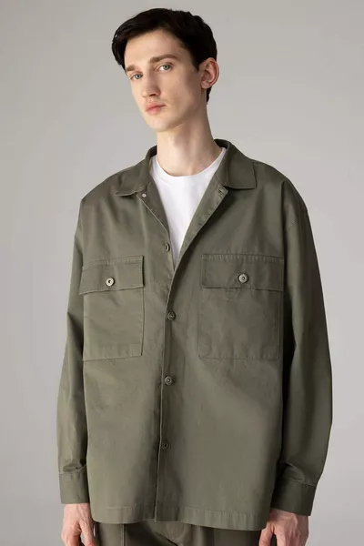 % Pamuk Oversize Geniş Kalıp Polo Yaka Twill Uzun Kollu Gömlek Ceket SP