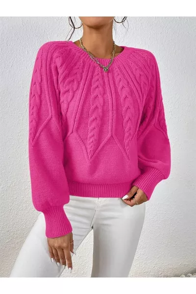 Saç Örgülü Bisiklet Yaka Italyan Kol Triko Fusya Kazak