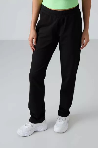 Siyah Gizli Fermuar Cepli Rahat Form Klasik Paça Kadın Eşofman Alt - 