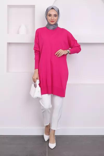 DARK FUSCHIA Crew Neck Mercerized Loose Knit Tunic