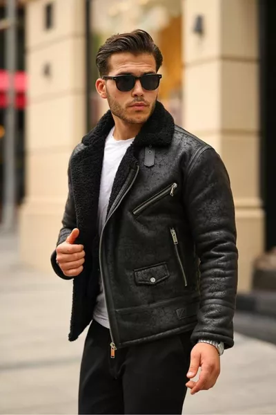 معطف وسترة رجالية من نابا الجلد مبطن بالكامل بالفرو عالي الجودة بقصة ضيقة باللون الأسود