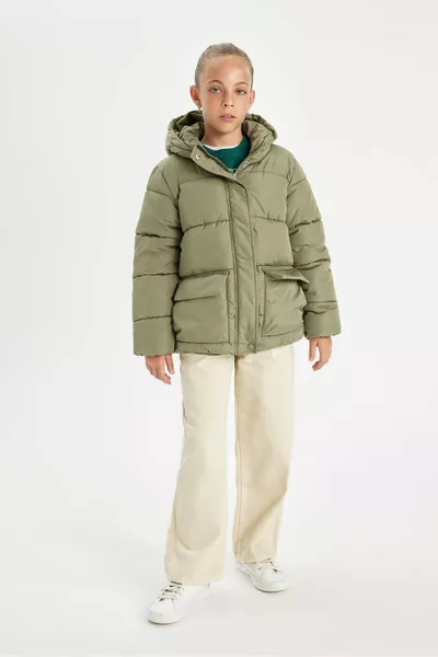 Girls' Waterproof Puffer Jacket with Hood, Fleece Lined, Zippered Pockets AU