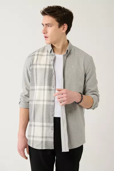 Erkek Gri Pamuklu Ekoseli Flanel Oduncu Gömlek 
