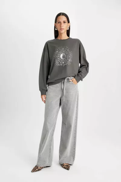 Relax Fit Bisiklet Yaka Baskılı İnce Sweatshirt AU