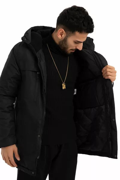 معطف شتوي رجالي أسود مبطن بالقطب مقاوم للماء والرياح مع قبعة