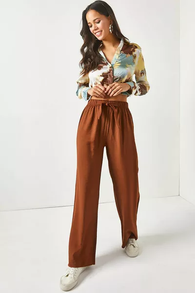 Kadın Acı Kahve Kuşaklı Beli Lastikli Palazzo Ayrobin Pantolon 
