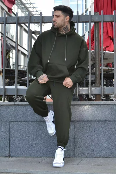 طقم رياضي رجالي شتوي باللون الأخضر، ثلاث خيوط، مبطن بالصوف، تصميم واسع