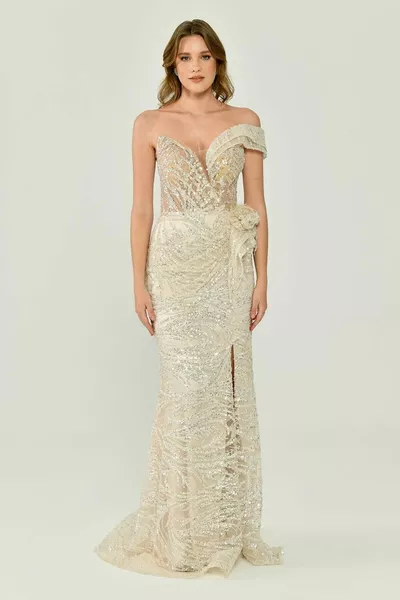 Alpha Beta Stone Single Shoulder Ecru Women's Evening Dress 