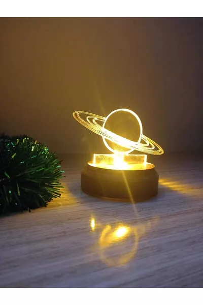 Сатурн акрилен глобус със светлина, дървена основа, 3D подарък Сатурнов глобус