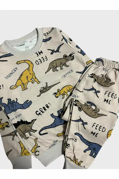 Boys' Cotton Brown Dinosaur Pattern Long Sleeve Winter Pajama Set