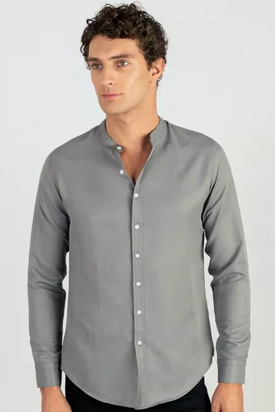 قميص رجالي ضيق القصة من القطن، سهل الكي، باللون الرمادي، بياقة صينية