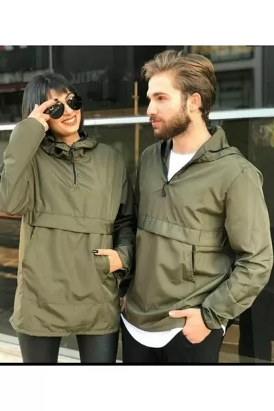 معطف واقٍ من المطر للرجال بلون زيتي مع سحاب وجيوب كانتغرو