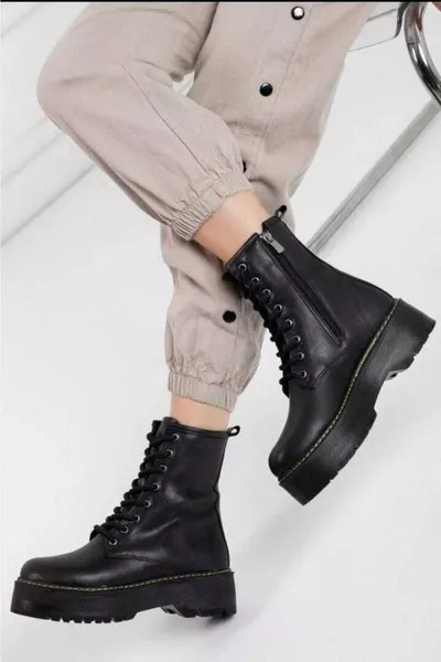 حذاء نسائي أسود و بوتي بقاع سميك، حذاء بسحاب، حذاء أسود رسمي، حذاء مقاوم للماء