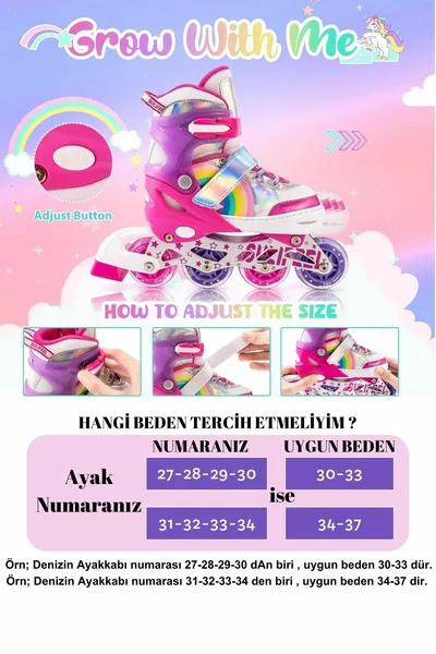 Pattini a rotelle Unicorn con luci 2+2 Arcobaleno per bambina, ruote in silicone, con borsa per il trasporto 3 in 1