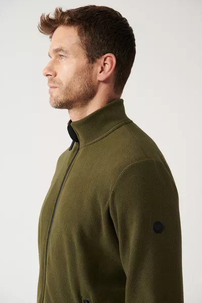 Herren Haki Basic Stehkragen Fleece-Strickjacke 