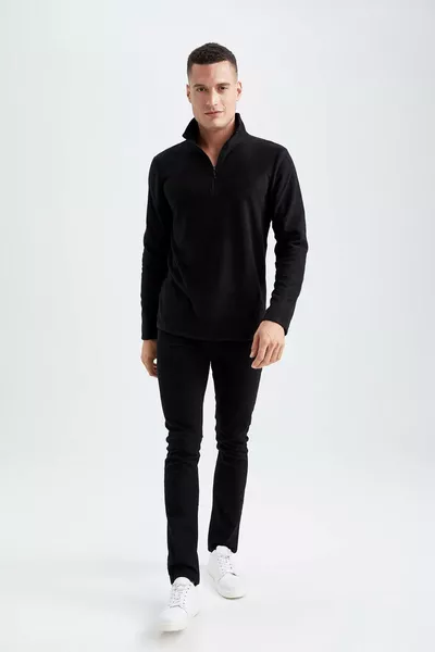 سويت شيرت بولار بسحاب نصف طويل وياقة مرفوعة، قصة عادية AU