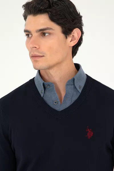 Men's Slim Fit V-Neck Navy Basic Sweater 