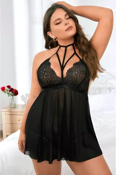 Women's Black Plus Size Back-Tie Stylish Nightgown