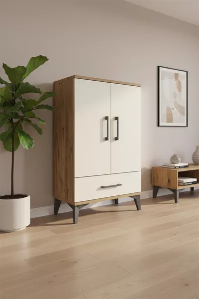 Silva Nightstand: Pine-Creme Marble, 2 Shelves, with Drawer and Door, Stylish Design