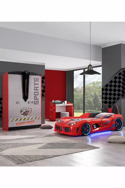 غرفة الأطفال - سرير بعجلات مع مقعد أودي - خزانة بثلاثة أبواب، مكتب - أحمر