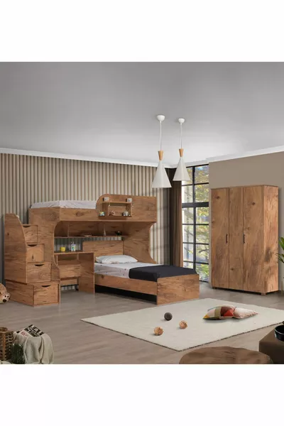 Горна и долна двойна кошара Aura, легло, маса, гардероб с 3 врати, тъмен орех