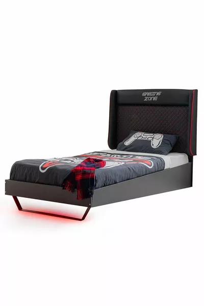 غرفة نوم شبابية بإضاءة LED للألعاب - خزانة ببابين، سرير، منضدة جانبية، كومود