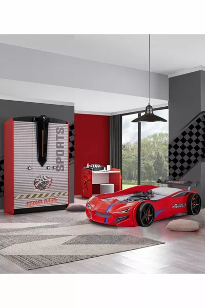 Children's Room - Merso Bed with Wheels - Sport 3-Door Wardrobe, Desk - Red
