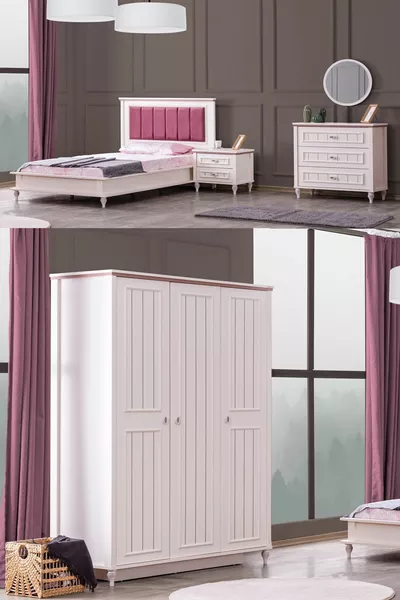 غرفة نوم إيزيجي جينتش - خزانة بثلاثة أبواب، سرير، منضدة جانبية، دولاب أدراج