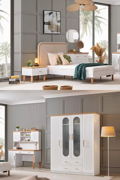 غرفة نوم شابة فيتا بوهيم - خزانة بأربعة أبواب، سرير، منضدة جانبية، مكتب دراسة، كومود