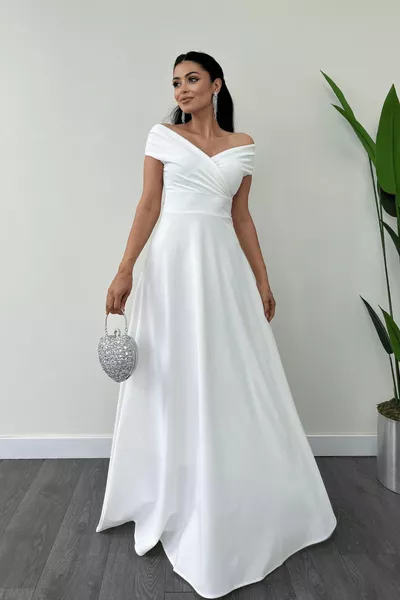 Kayık Yaka Kiloş Elbise - Beyaz