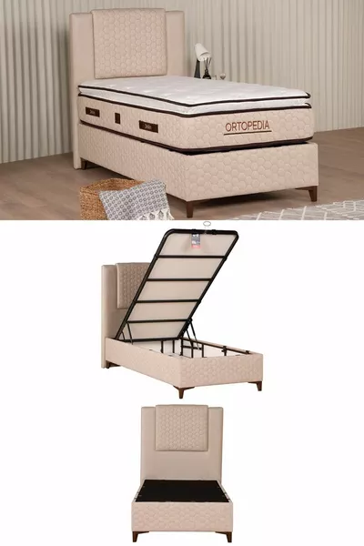 طقم سرير قاعدة مع مسند رأس من الأرثوبيديا بلون كريمي مع درج