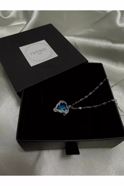 Collana con ciondolo a cuore in cristallo blu di acciaio di alta qualità Silver  cm Cuore dell'Oceano
