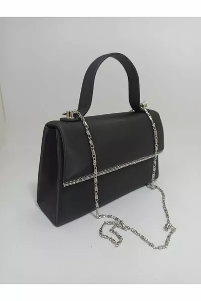 Damentasche aus schwarzem Satinstoff mit silbernen Stein-Akzenten, Mini-Abendtasche