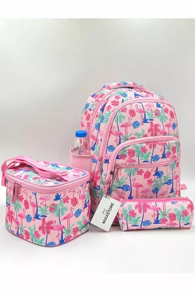 Pink Flamingo Pattern Backpack with Back Support, Lunchbox and Pencil Case for Girls