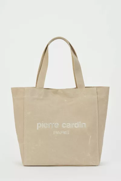 Borsa a spalla da donna in tela color nudo con finiture in cera 