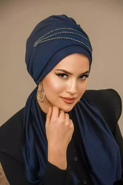 Navy Stone-Embellished Evening Headscarf