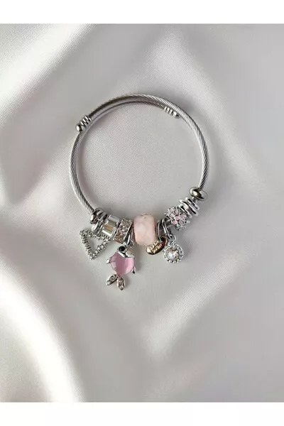 Silver Color Steel Bracelet with Pink Fish Charm