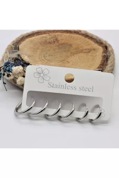 l Çelik Set Halka Küpe Gümüş 6 Adet (3 Farklı Boy)