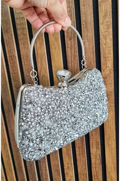 Women's Silver Crystal Evening Bag with Large Stone Special Occasion Bag