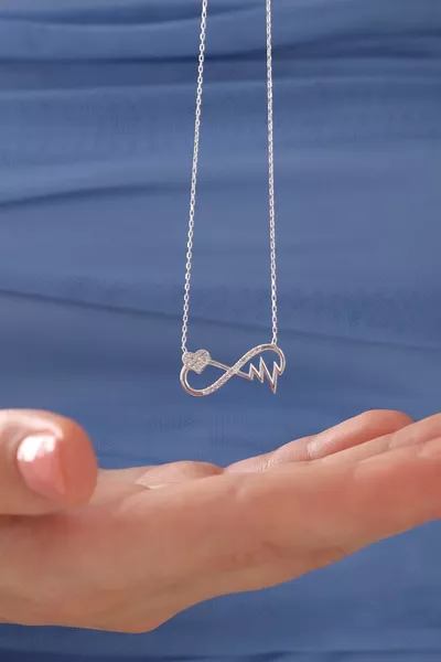  Sterling Silver Chain Necklace with Zircon Stones, Rhythm Heart Infinity Design
