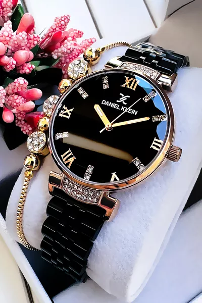 ساعة نسائية أصلية بزجاج مقطوع مقاومة للماء، لون أسود، حزام من الفولاذ، هدية سوار 