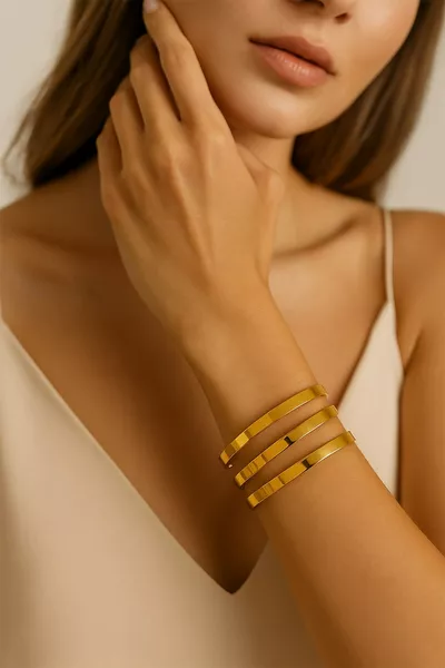 Steel Gold Detailed 3-Piece Thick Plain Ajda Bracelet 6.5mm  Cm