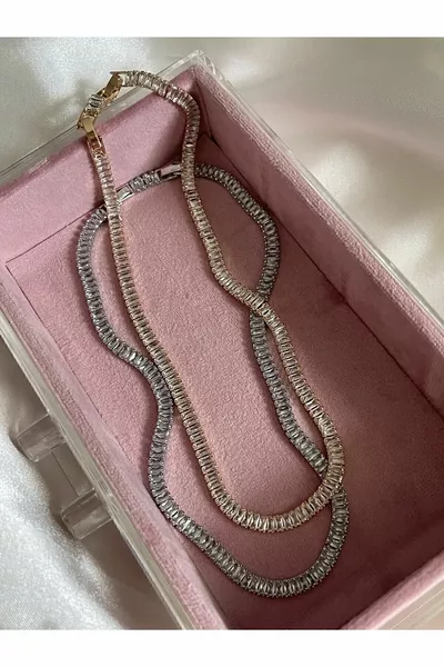 Gold-Plated Baguette Necklace with Zircon Stones, Waterway Design, Gold Color