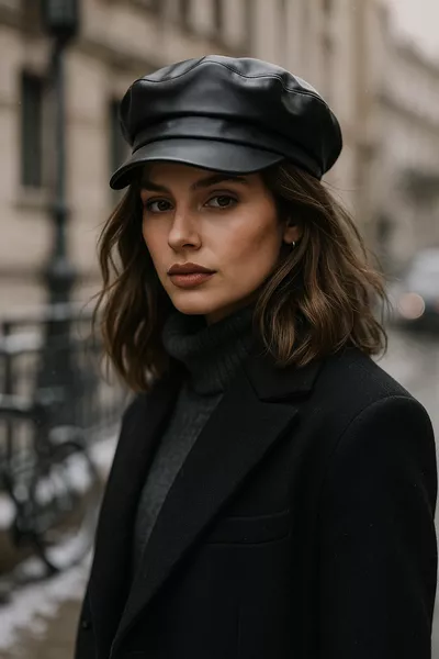 قبعة أنيقة وعصرية من الجلد الصناعي الأسود - تصميم مع حافة واسعة وتفاصيل خياطة 