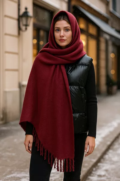 Women's Maroon Plain Tassel Scarf Shawl  cm 